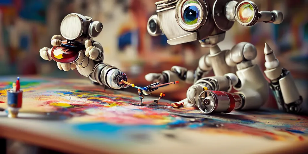 Image similar to closeup portrait of tin toy retro robot painter mixing gouache on white paper table in an artist workshop, depth of field, zeiss lens, detailed, centered, fashion photoshoot, by nicoletta ceccoli, mark ryden, lostfish, breathtaking, 8 k resolution, extremely detailed, beautiful, establishing shot, artistic, hyperrealistic, octane render