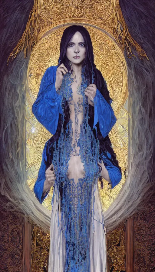 Prompt: la llorona as a sorceress, passionate, seductive, sweaty, intricate dressed in ornate blue robes and staff, lovely, intricate, highly detailed, digital painting, artstation, concept art, karma sutra, smooth, sharp focus, illustration, unreal engine 5, 8 k, art by artgerm and greg rutkowski and alphonse mucha