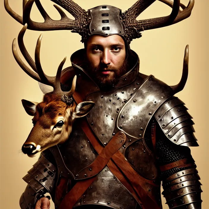 Prompt: portrait of a man with the head of a deer wearing a leather armor holding a pair of axe, subject in the center of the frame, wide angle shot, diffuse lighting, fantasy, intricate, elegant, highly detailed, lifelike, photorealistic, digital painting, artstation, illustration, concept art, smooth, sharp focus, art by John Collier and Albert Aublet and Krenz Cushart and Artem Demura and Alphonse Mucha