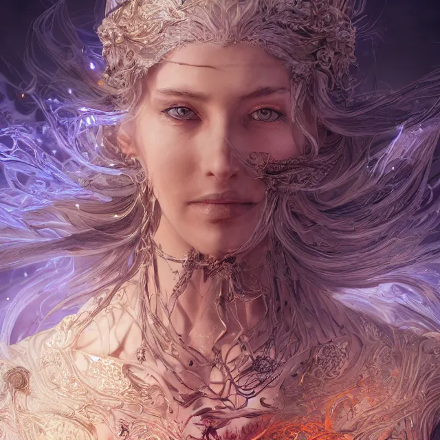 Image similar to the portrait of the lawful evil sorceress personified as an absurdly beautiful, graceful, elegant, sophisticated, young woman, an ultrafine hyperdetailed illustration by kim jung gi, irakli nadar, intricate linework, bright colors, octopath traveler, final fantasy, unreal engine 5 highly rendered, global illumination, radiant light, detailed and intricate environment