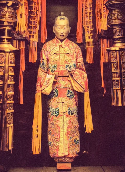 Prompt: old vintage photo of godly Chinese ancient sentiel standing in the ancient temple during ritual, big space suit in the back, symmetrical face, big eyes and lips, looking at camera, subtle makeup, clean face and body skin,ecstatic expression,volumetric lights,depth of field, lens flares, dust in the air, moody lighting, intricate, elegant, highly detailed, centered, smooth, sharp focus, Donato Giancola, Joseph Christian Leyendecker, WLOP, Boris Vallejo, Artgerm moody photography, old photo, black and white, sepia, cinematic lighting, cinematic angle, national geographic