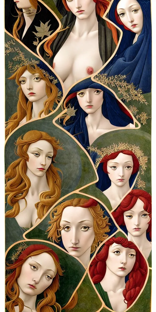 Prompt: the 12 months of the year as 12 figures, (3 are Winter, 3 are Spring, 3 are Summer and 3 are Autumn), in a mixed style of Botticelli and Æon Flux!, inspired by pre-raphaelite paintings, and shoujo manga, stunningly detailed, fine inking lines, flat colors, 4K photorealistic