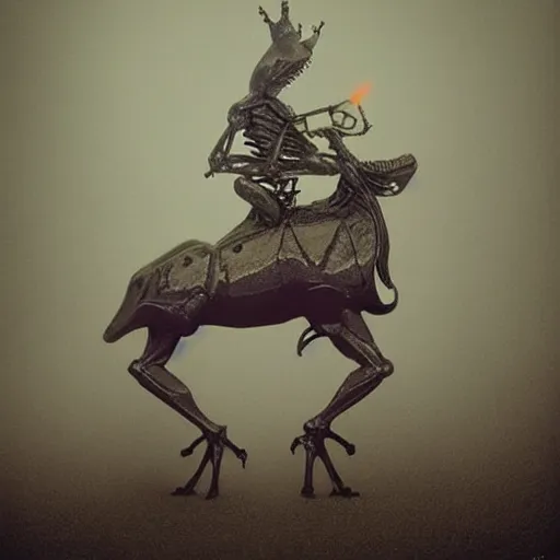 Image similar to frog horseman riding a glowing baroque unicorn skeleton in a thick fog, polaroid photography in style of andrey tarkovski, eerie, mystical, sublime