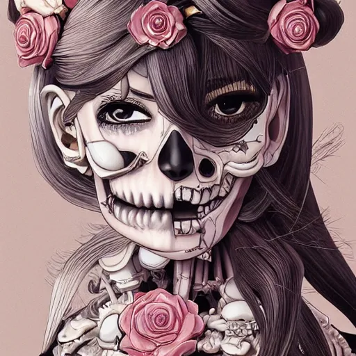 Prompt: anime manga skull portrait young woman barbie cuphead skeleton, intricate, elegant, highly detailed, digital art, ffffound, art by JC Leyendecker and sachin teng