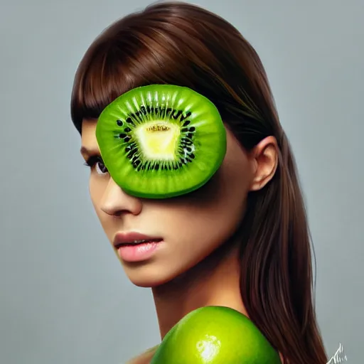 Prompt: close up of female model with green juicy kiwifruit slices covering her eyes. 4K award winning photorealistic. smooth, sharp focus, illustration by artgerm and greg rutkowski Artgerm 8k