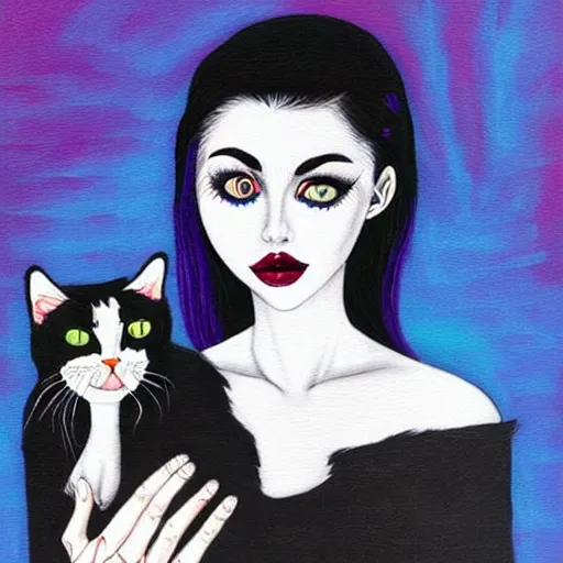 Image similar to woman holding a cat, by harumi hironaka