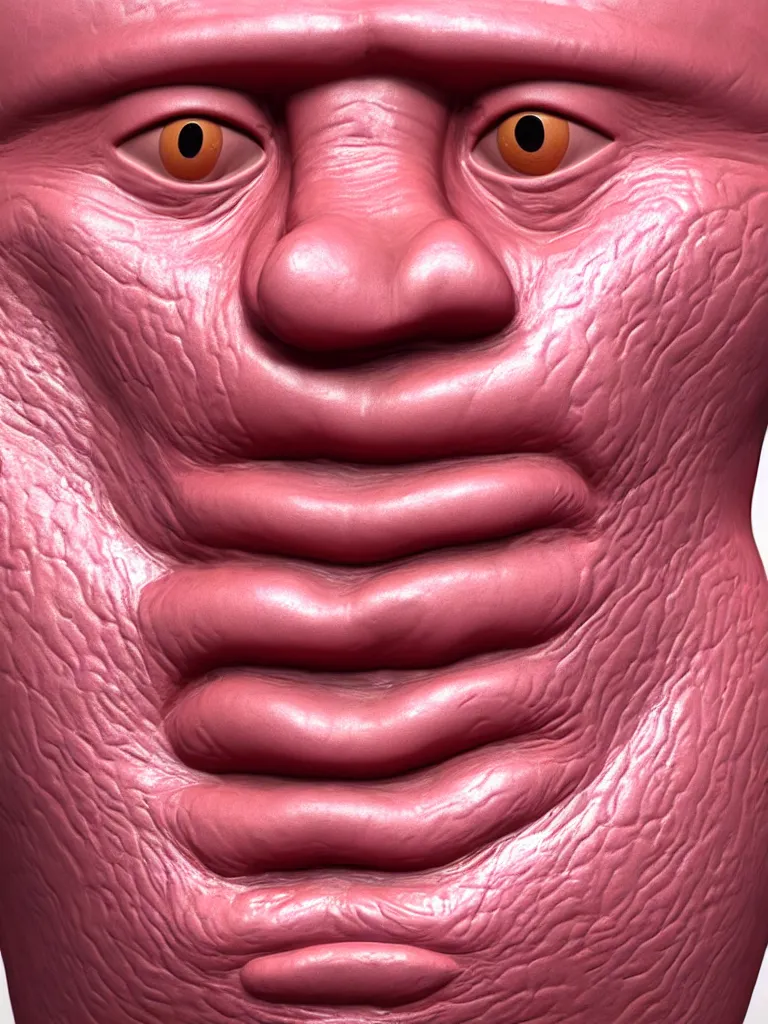 Image similar to a 3d primitive tube shape, texture-mapped with pink human skin, glossy, straight smooth vertical , highly realistic, Surface Painter, hyper-real, 4k, Octane render, style of Ron Mueck