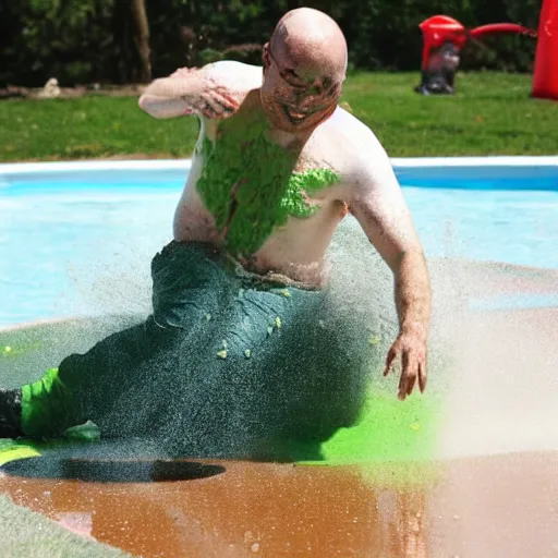 Image similar to a man sliding through pudding, slip n slide, professional photo, funny