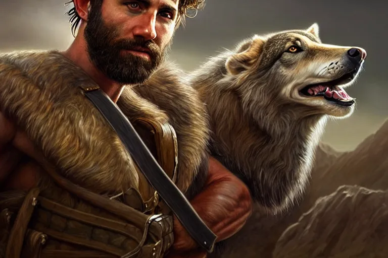 Image similar to photorealistic full body portrait of a gruff biblical ranger with a wolf, lean and toned, handsome face, hairy chest and hairy body, D&D, intricate, elegant, highly detailed, digital painting, artstation, concept art, matte, sharp focus, chiaroscuro, well lit, illustration, art by Artgerm and Greg Rutkowski and Alphonse Mucha