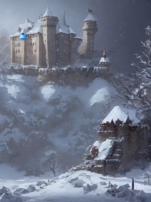 Image similar to a painting of a castle in the middle of a snowy mountain, a detailed matte painting by andreas rocha and greg rutkowski, featured on artstation, fantasy art, matte drawing, matte painting, artstation hq