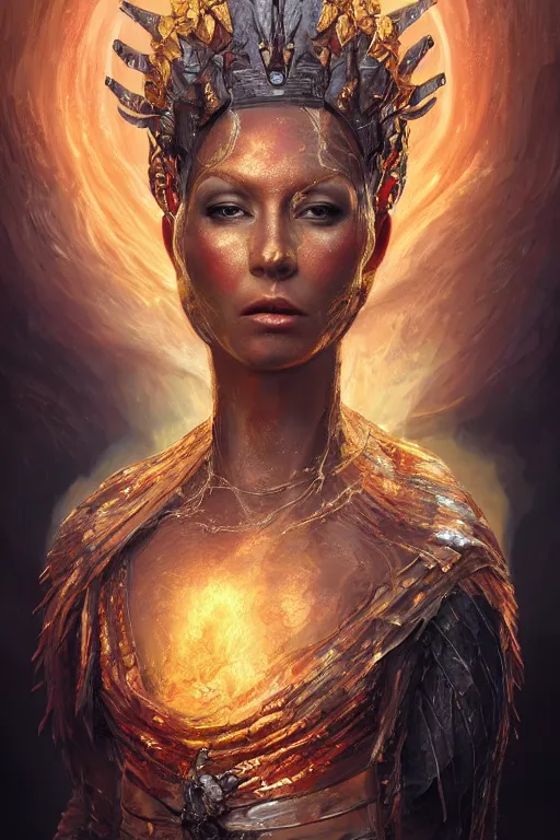 Prompt: fantasy character concept portrait, digital painting, wallpaper of a queen with skin of obsidian, with veins of magma and gold, renaissance nimbus overhead, by aleksi briclot, by laura zalenga, by alexander holllow fedosav, 8 k dop dof hdr, vibrant