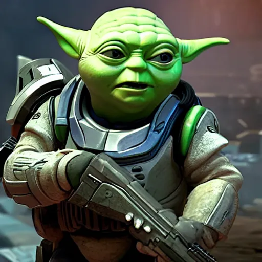 Image similar to yoda as buzz lightyear buzz lightyear in gears of war, splash art, movie still, cinematic lighting, dramatic, octane render, long lens, shallow depth of field, bokeh, anamorphic lens flare, 8 k, hyper detailed, 3 5 mm film grain