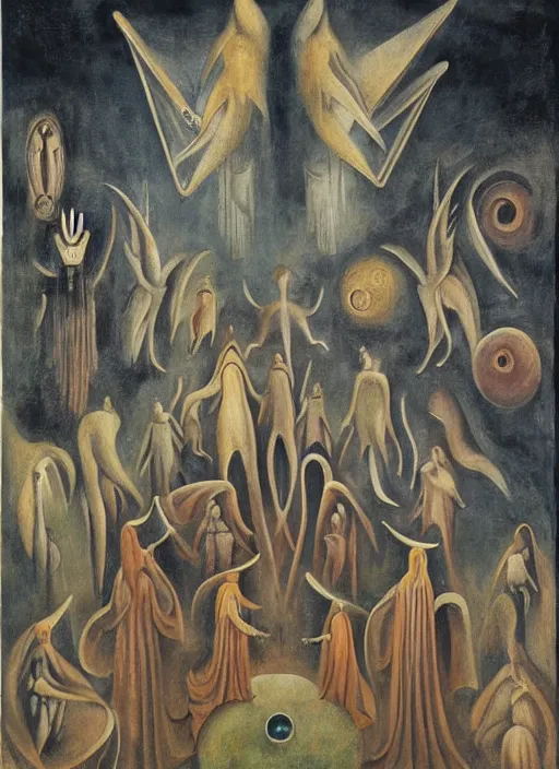 Image similar to a group of celestial beings communicating with weird machines by leonora carrington