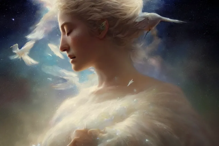 Image similar to a beautiful portrait of a cloud goddess with numerous tiny birds flying in the background and closed eyes, galaxy theme colors, galaxy theme colors, ultra realistic digital art by Greg Rutkowski and Raymond Swanland, Trending on Artstation, ultra realistic digital art, ultra realistic digital art