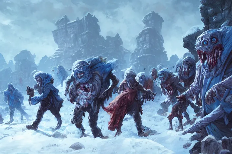 Prompt: three adventurers surrounded by hundreds of blue robed zombies, snow, rocks, ruins, d & d, by greg rutkowski and anna podedworna