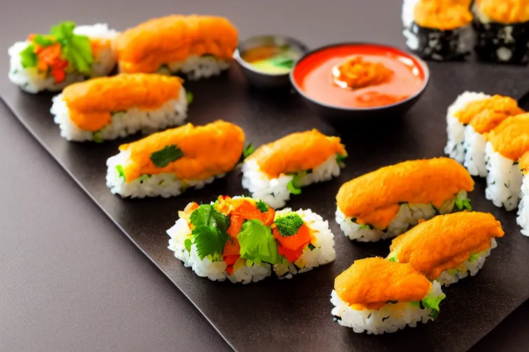 Image similar to vadapav sushi, commercial food photography