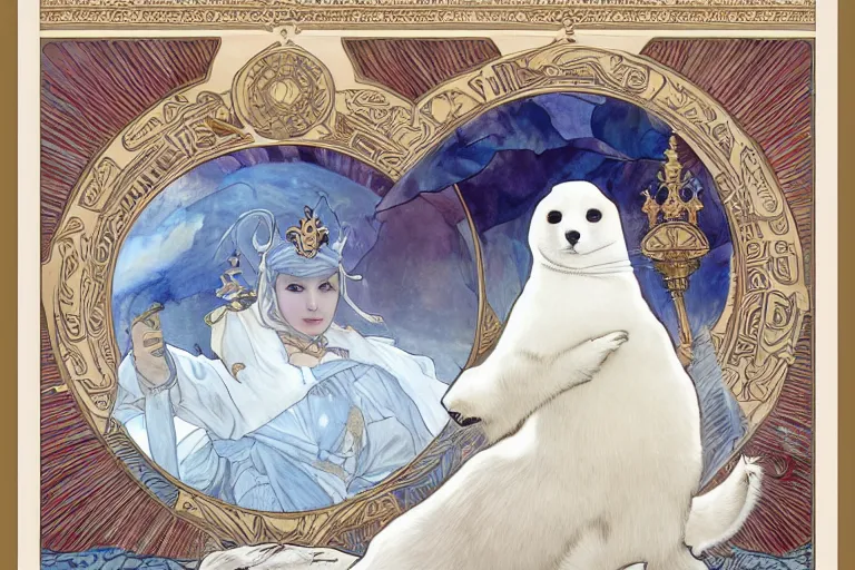 Prompt: a portrait of king baby harp seal, lord of the Arctic, portrait, gold blue silver and white colors, water color, art by artgerm and greg rutkowski and alphonse mucha and jin xiaodi and anthony devine