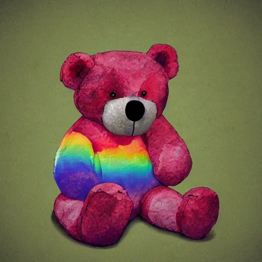 Image similar to teddy bear vomiting rainbow, photorealistic