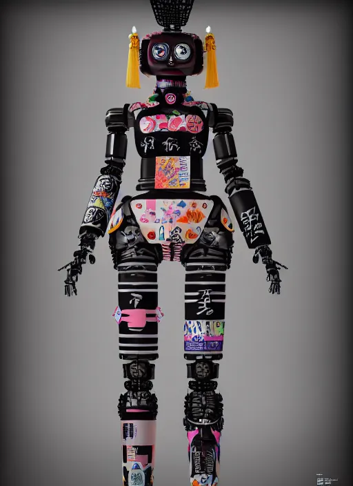 Image similar to full body photo of an punk geisha robot with kanji tattoos and decals wearing a digital pixelated kimono, intricate design, photo - realistic, octane render, dark colour palette, ultra fine detailed, character design, trending on artstation