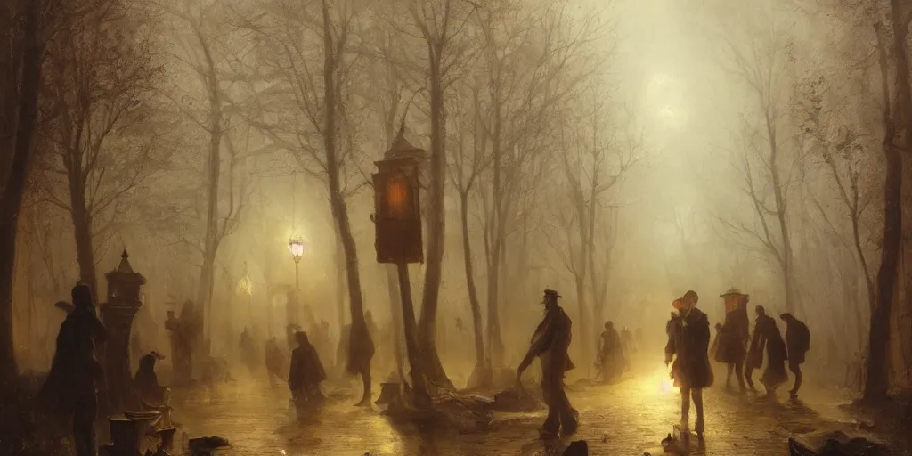 Image similar to streets of innsmouth during the night in a forest, lovecraftian atmosphere, people standing up in front of the house, mystical fog, oil on canvas, art by andreas achenbach, clemens ascher, tom bagshaw and sabbas apterus,