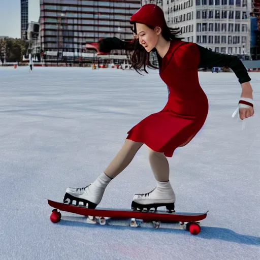 Prompt: photorealistic picture of woman skating on a red skate with very small wheels, woman wearing red dress, background is urban city with lots of trafic, sky is blue and sunny