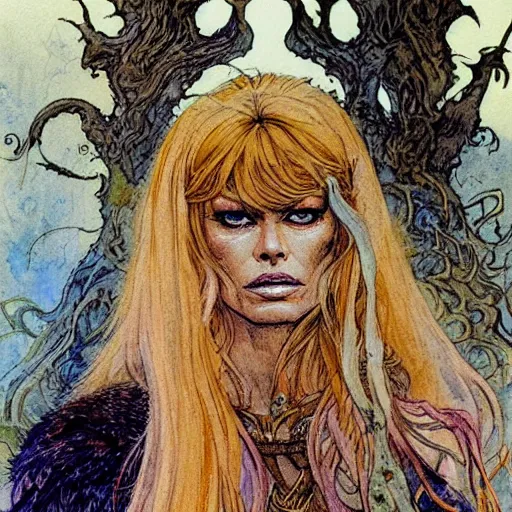 Prompt: a realistic and atmospheric watercolour fantasy character concept art portrait of brigitte bardot in her 2 0 s as a druidic warrior wizard looking at the camera with an intelligent gaze by rebecca guay, michael kaluta, charles vess and jean moebius giraud