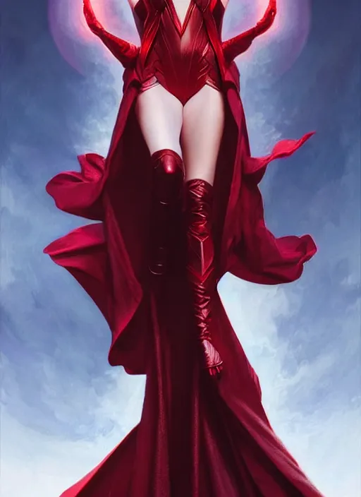 Image similar to Scarlet Witch as Lucifer morningstar, slight smile, highly detailed, digital painting, artstation, concept art, sharp focus, illustration, art by wlop and J. C. Leyendecker and Edmund Bliar Leighton and Charlie Bowater