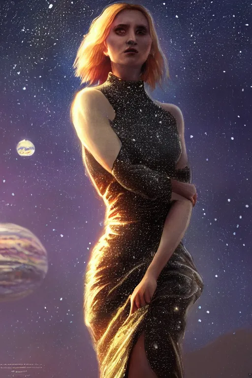 Prompt: a woman, wearing a dress made of stars, rim lighting, dramatic, planets in the background, smooth, sharp focus, very detailed, by greg rutkowski, artstation, tom badshaw, 8 k, symmetrical face