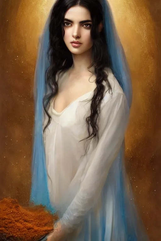 Image similar to ameera al taweel, bright blue eyes, long wavy black hair, white veil, front closeup, cinnamon #b57e59 skin color, highly detailed, centered, oil painting, artstation, concept art by tom bagshaw