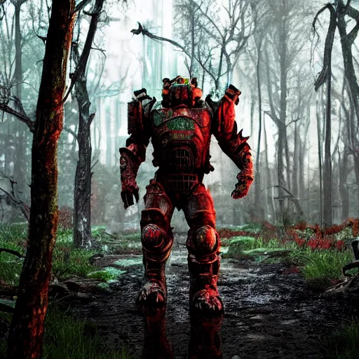 Image similar to Frank Horrigan stands against the background of a radioactive forest, graphics, fallout 4 render, 3d computer render, maximum details, rain, night, spotlight,