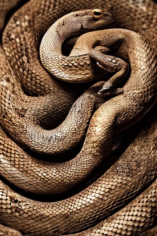 Image similar to a macro photo of a snake staring at the camera, dynamic pose, close - up, intricate details, intricately detailed scales, intricate textures, warm lighting, vivid colors, smoke and mist, realistic octane render, hyper realistic render, volumetric shading, depth of field, raytracing, 8 k,