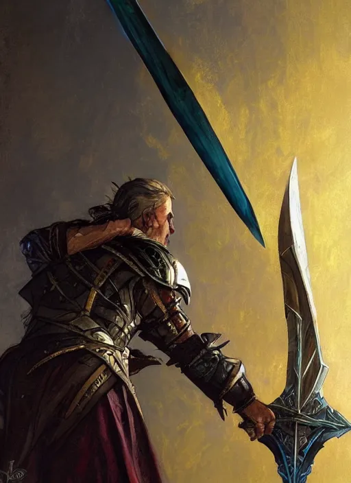 Image similar to greatsword made from a shard of the universe. blackrazor. fantasy concept art. moody epic painting by james gurney, norman rockwell and alphonso mucha. artstationhq. painting with vivid color. ( dragon age, witcher 3, arcane, lotr )