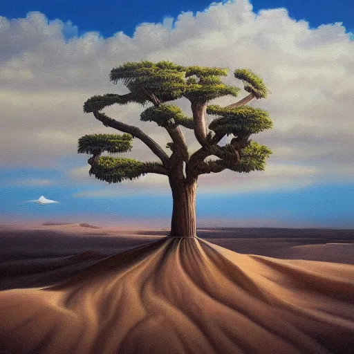 Prompt: a painting of a tree in the desert, an airbrush painting by breyten breytenbach, cgsociety, neo - primitivism, dystopian art, apocalypse landscape