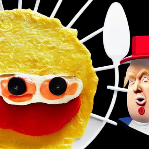 Image similar to Donald Trump anthropomorphic omelette, food photography