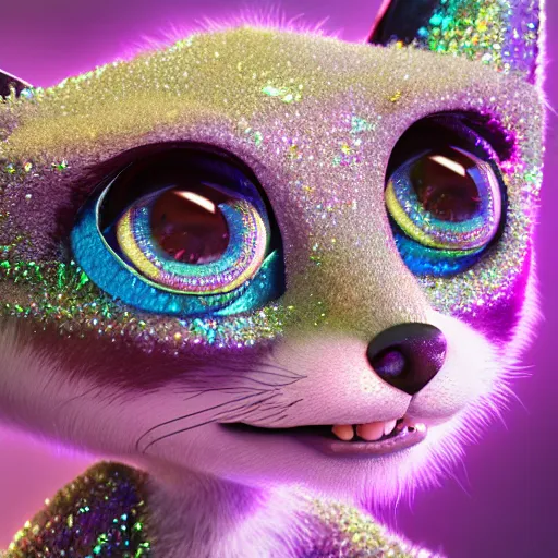 Prompt: baby gem fox, fox, big eyes, crystalized scales, hard gems, pastel colours, shiny glitter / crystals, pixar animation style, detailed, soft light, octane render, 4 k,