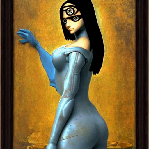 Image similar to battle angel alita as the mona lisa, medium shot, intricate, elegant, highly detailed, art by Leonardo DaVinci