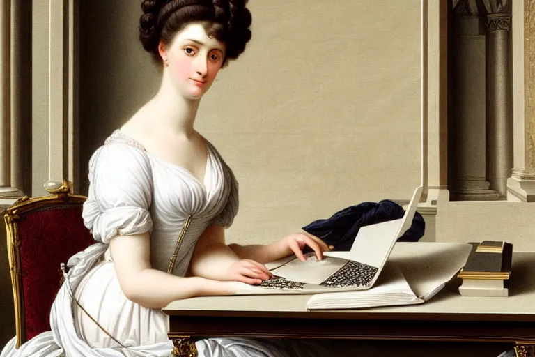 Prompt: 1 8 0 1 lady on her laptop at her desk by vittorio reggianini, georgian dress, directoire style, regency, empire silhouette, bright lighting, perfectly detailed eyes, beautiful hands, pale skin, clear face