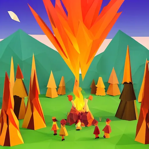 Image similar to low poly forest with a cult performing a ritual with a bonfire where a goat flies