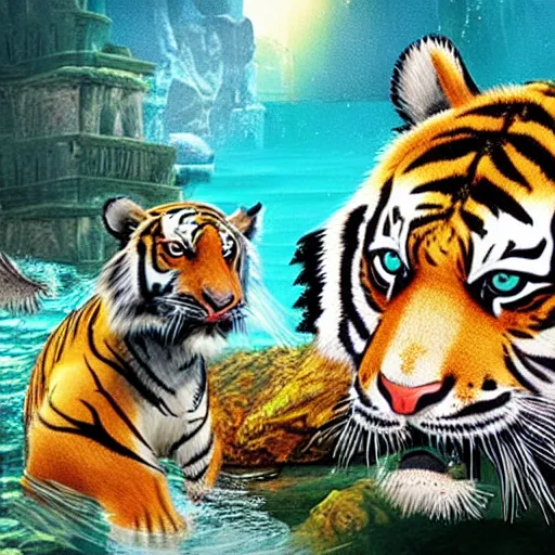 Image similar to a tiger discovering the lost city of atlantis