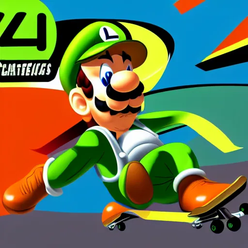 Image similar to luigi as a skater, vector art, artstation, 8 k, high detalied, cgsociety,
