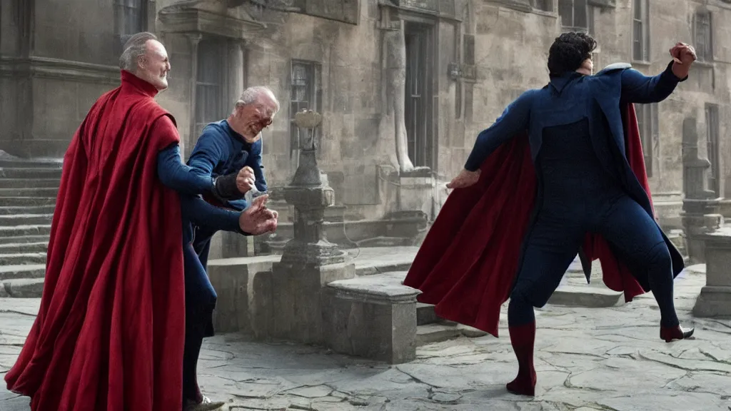 Image similar to movie still of victorian era spiderman wearing a cape arguing with gene hackman from the new pride & prejudice movie, realistic, 8 k