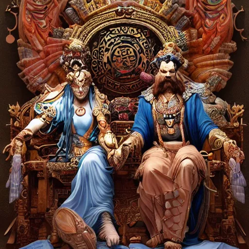 Prompt: A very detailed aesthetic painting titled 'The ancestor Gods' description 'Hera and Zeus sitting in their thrones' by Takashi Murakami and Wayne Barlowe, Trending on cgsociety artstation, establishing shot, 8k, masterpiece, highly detailed.