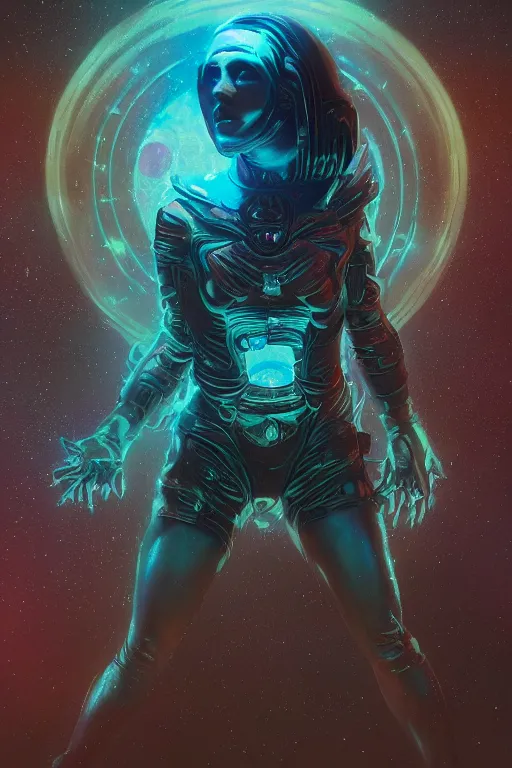 Prompt: beautiful female fused with deadite and the thing is a space hunter, legendary epic pose, ornate alien helmet, retro-futuristic, portrait, photo, intricate details, vicious appearance, by vincent di fate, artgerm, julie bell, beeple and Greg Rutkowski, 90s, concept, Smooth gradients, octane render, 8k, High contrast, duo tone, depth of field, very coherent symmetrical artwork