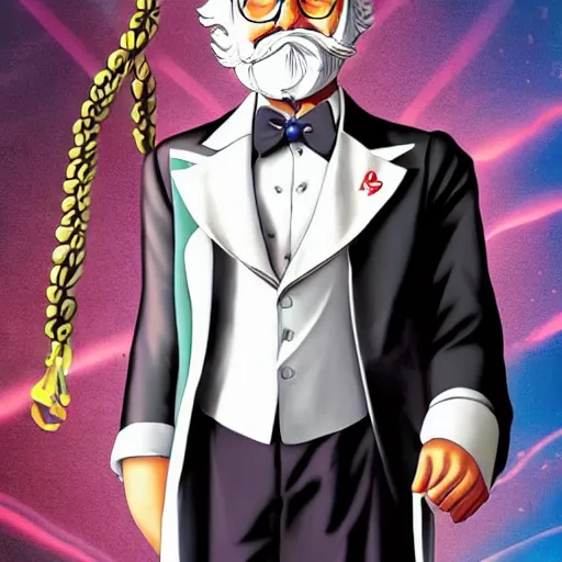 Prompt: colonel sanders in jojo's bizarre adventure, full body, landscape, high definition, ambient lighting, full color