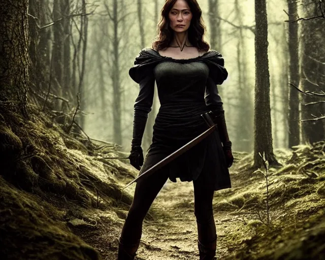 Image similar to 5 5 mm portrait photo of olga kurylenko as real life tough looking yennefer of vengerberg in black leader armor, in a forest. magical atmosphere. art by greg rutkowski. highly detailed 8 k. intricate. lifelike. soft light. nikon d 8 5 0.