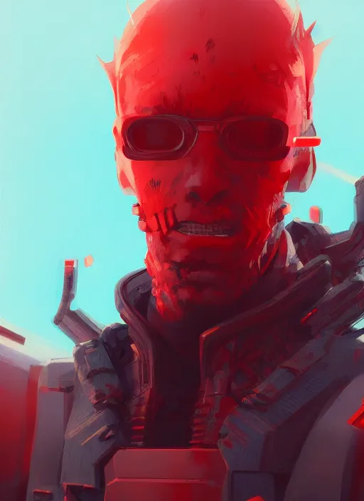 Prompt: concept art close up red cyberpunk character, by shinji aramaki, by christopher balaskas, by krenz cushart