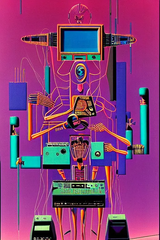 Image similar to 8 0 s art deco robot playing synthesizer, speakers, computers, studio, planets, cinematic dramatic cyberpunk textural fluid lines purple, pink, blue, green. otherworldly vaporwave interesting details fantasy lut epic composition by basquiat zdzisław beksinski james jean artgerm rutkowski moebius francis bacon gustav klimt