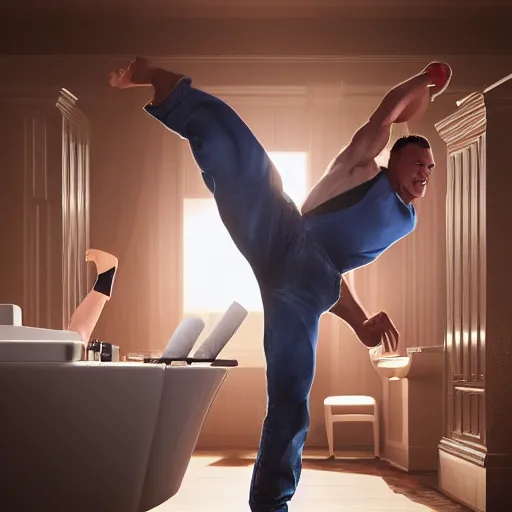 Image similar to cinematic still, Jean Claude Vandamme doing the splits, doing the spilts with his legs going pointing two separate directions, between two chairs over a toilet, golden hour, smiling, award winning, trending on artstation