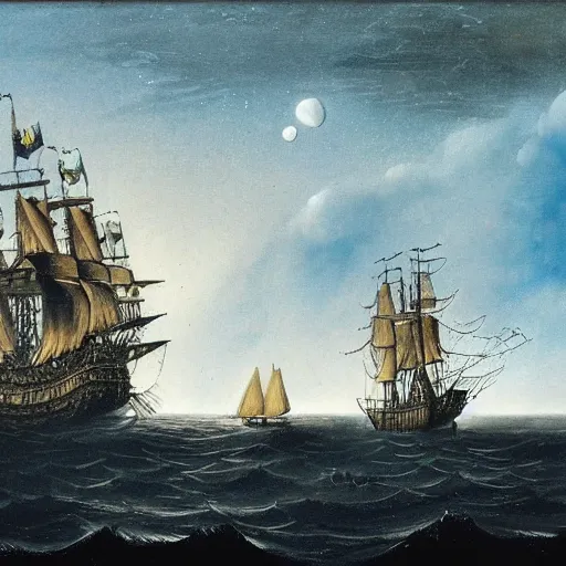 Prompt: moonlit ocean, stars in sky, pirate ship flying in the sky by peter balke