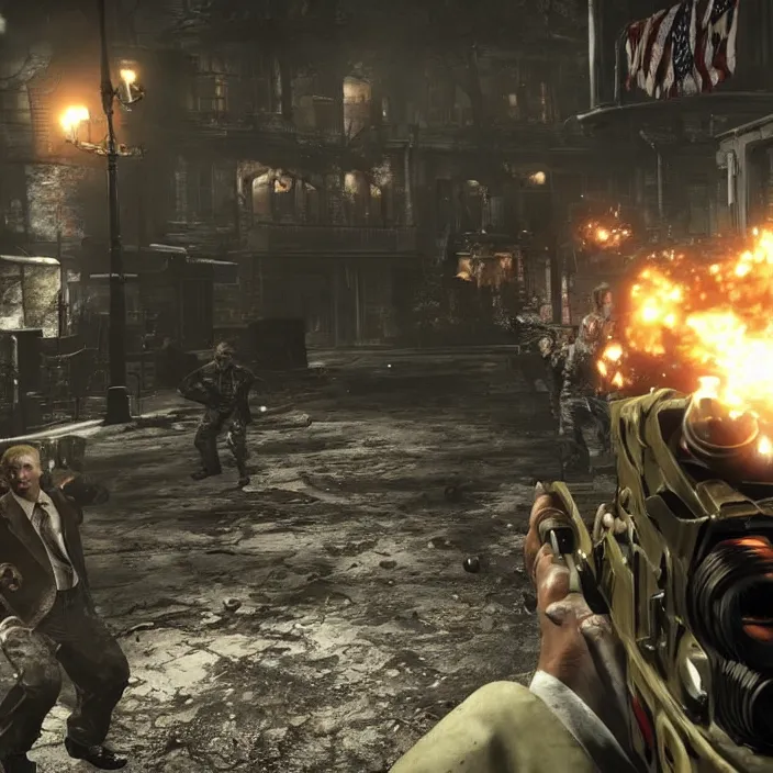 Image similar to donald trump in call of duty zombies gameplay screenshot, direct warm lighting high graphics detailed